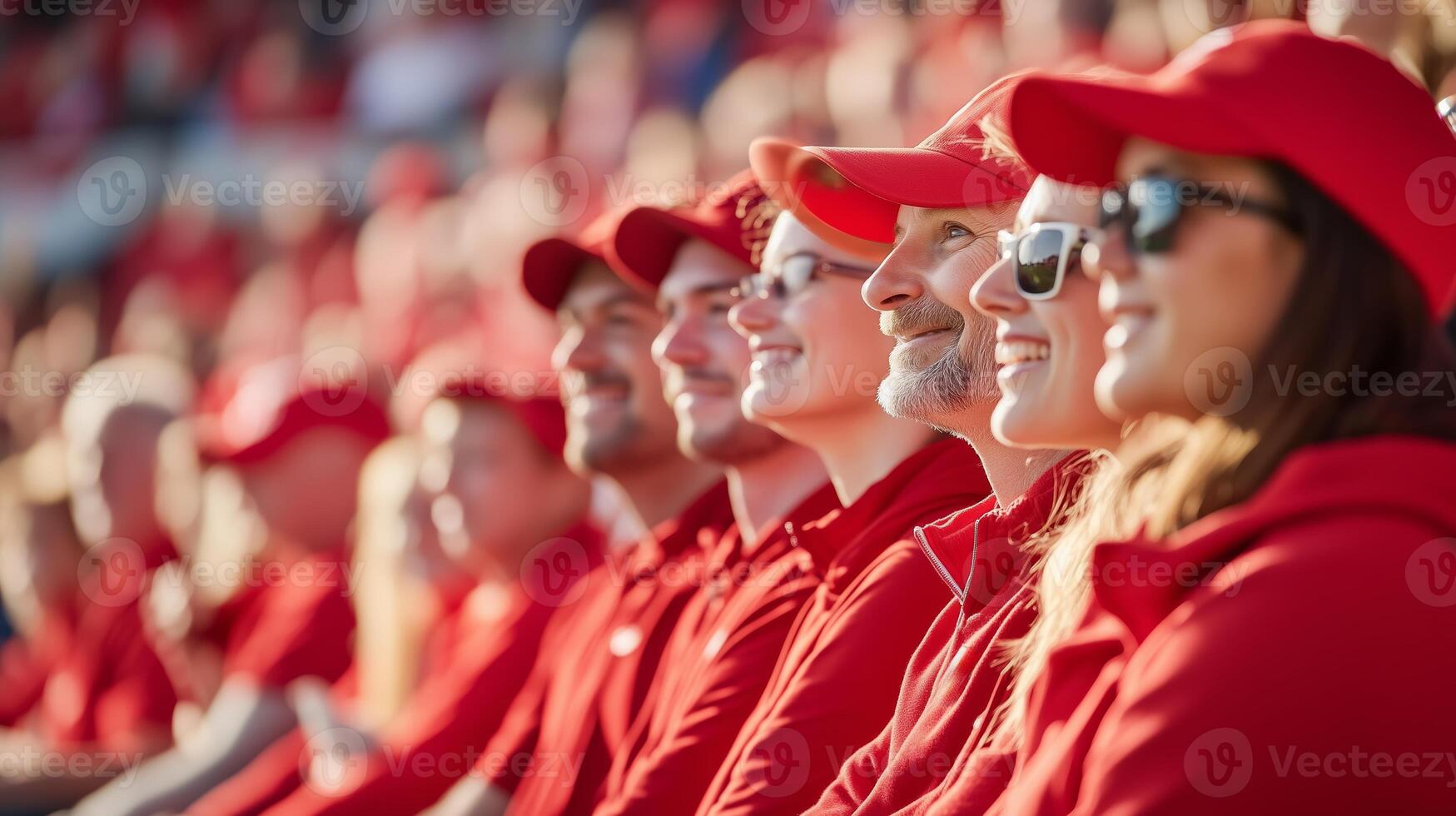 Cheerful spectators wearing red attire enjoy a lively event in the sun during a summer afternoon photo