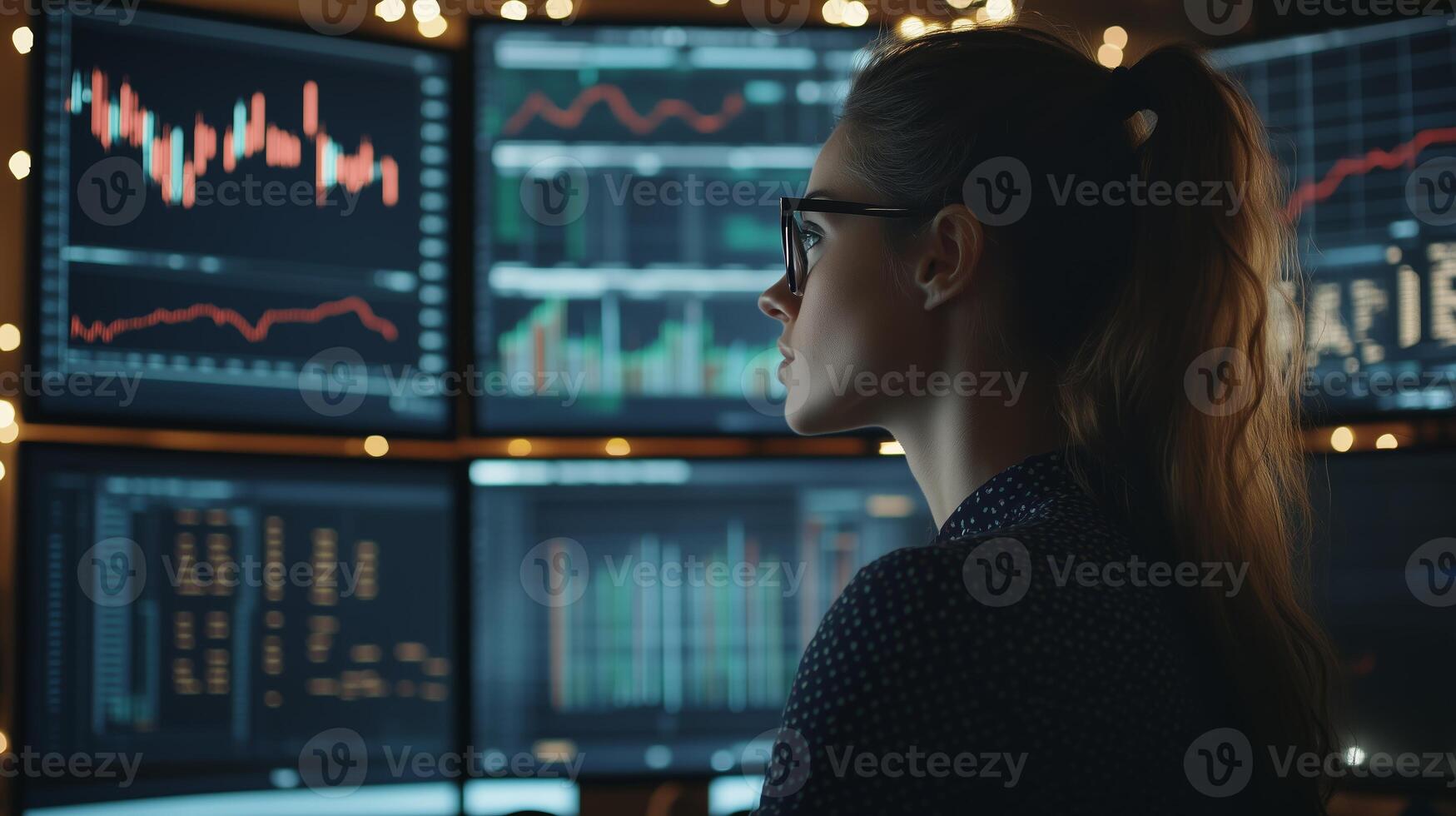 Professional analyst monitors stock market trends on multiple screens during evening hours in a modern office environment photo
