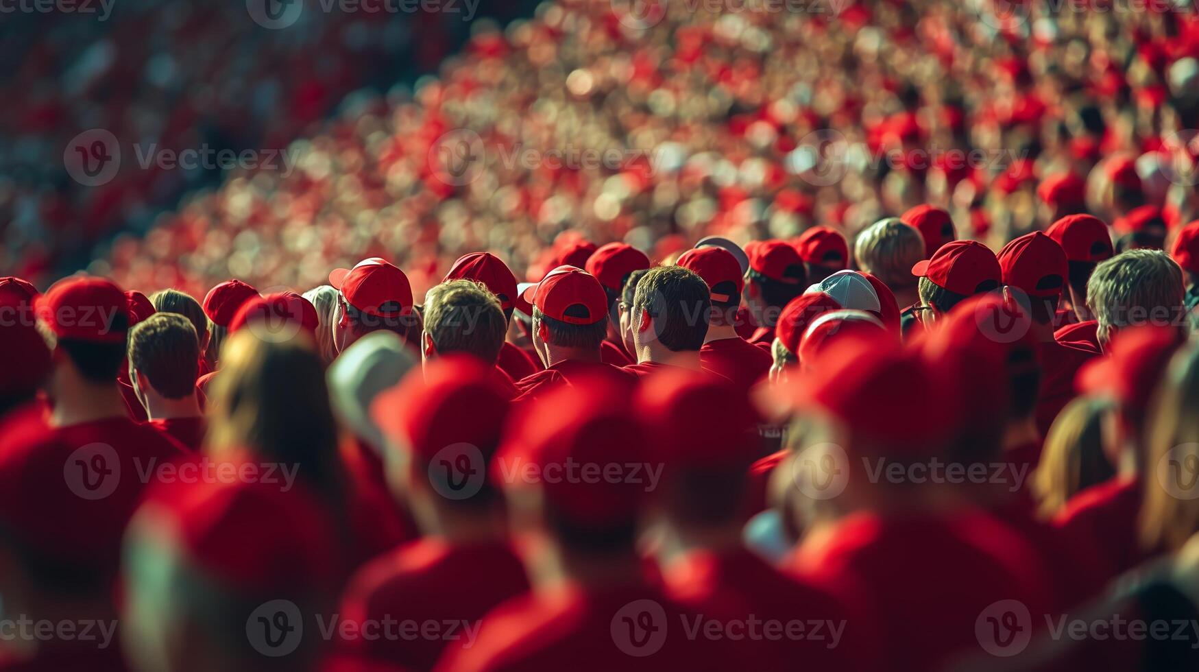 A sea of red hats fills the stadium during a lively sporting event in the late afternoon sunshine, capturing the excitement of the crowd photo