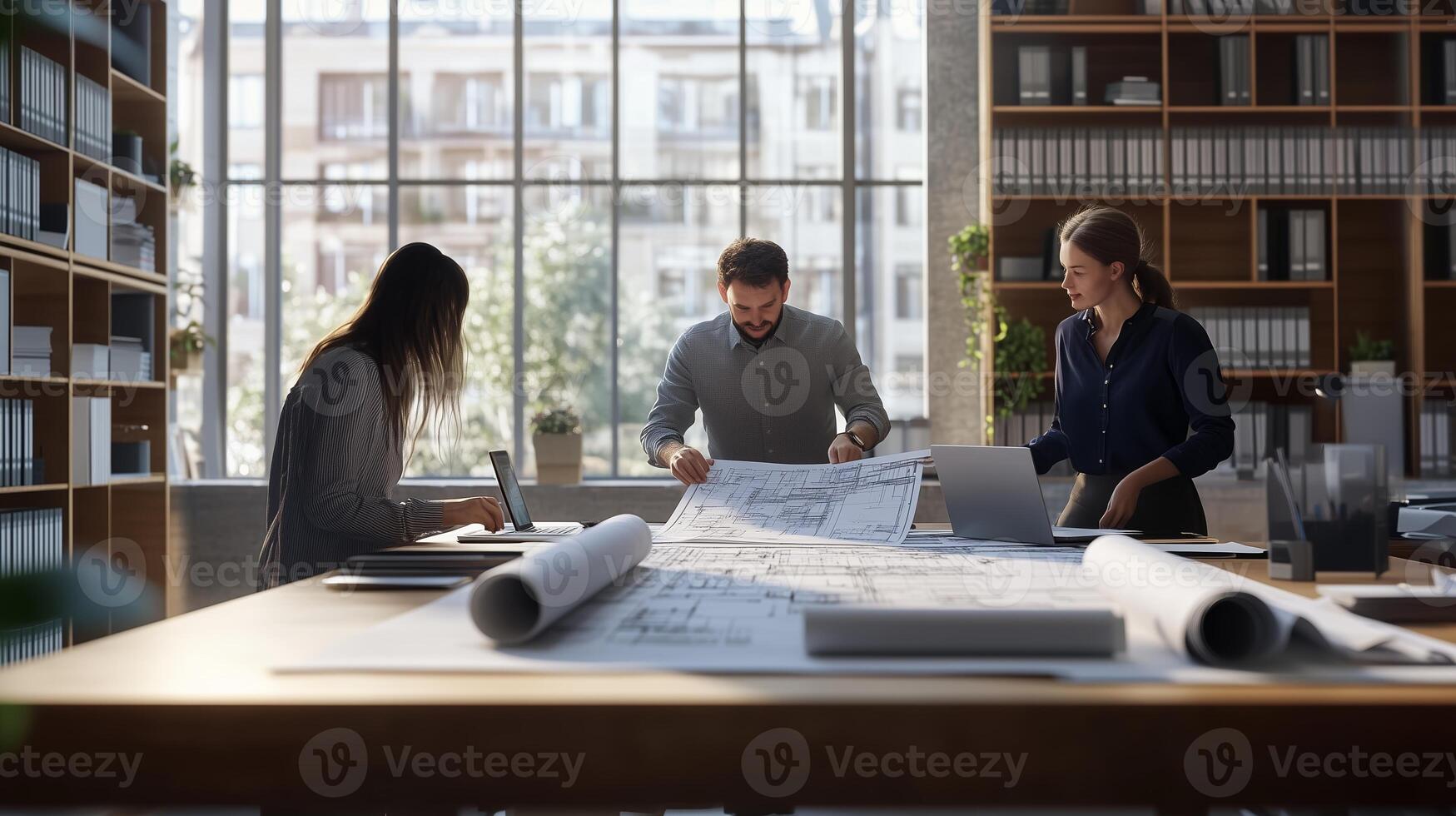 Collaborative team meeting in a modern office with expansive windows showcasing project blueprints and digital devices photo