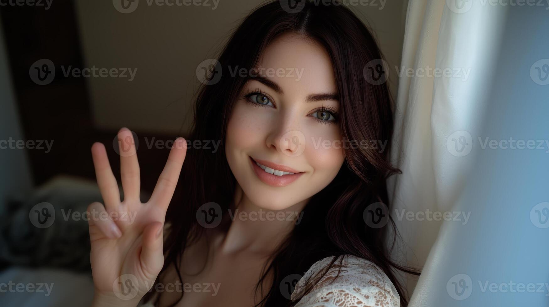 A young woman smiling and making a peace sign while sitting by the window in a cozy room during the daytime photo
