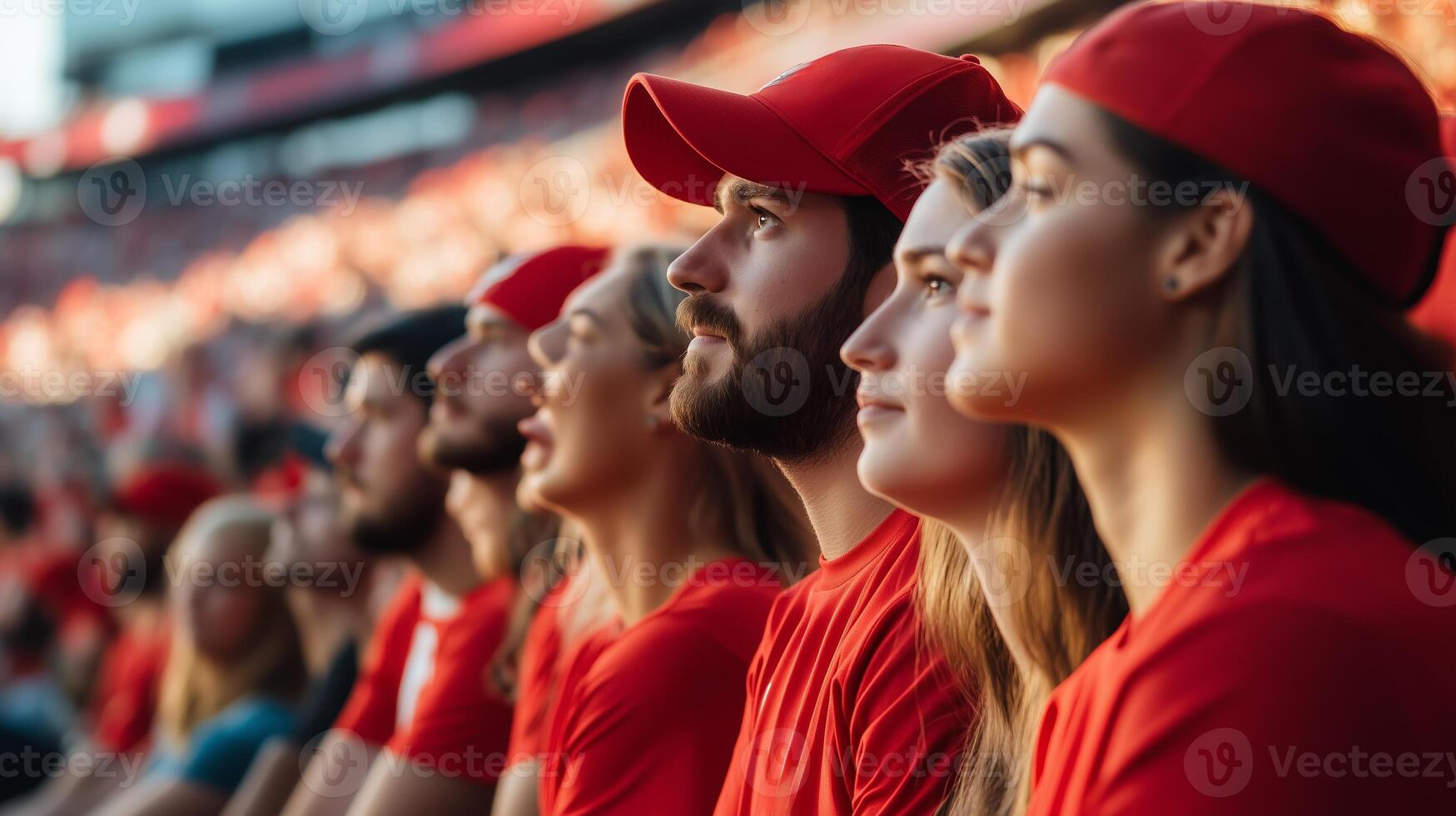Fans in red apparel passionately watching a live sports event at a packed stadium during an afternoon match photo