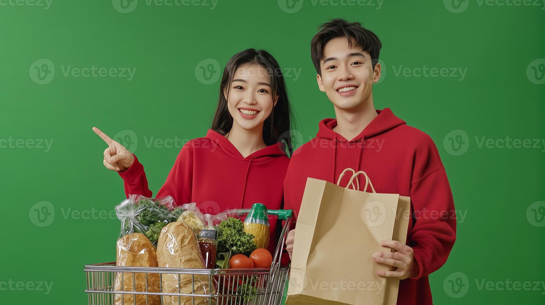 Young couple shopping for groceries together in a bright green studio, highlighting healthy food choices and shopping excitement photo