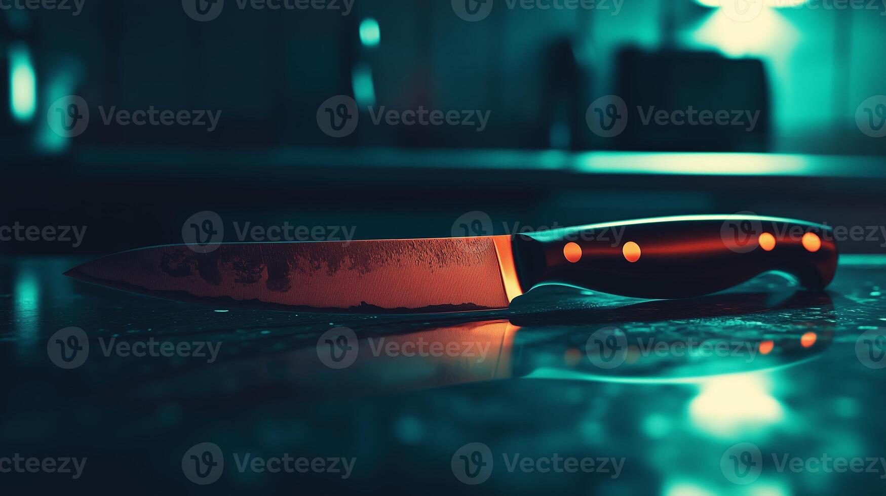 A sharp kitchen knife resting on a marble countertop in a dimly lit kitchen during the evening photo