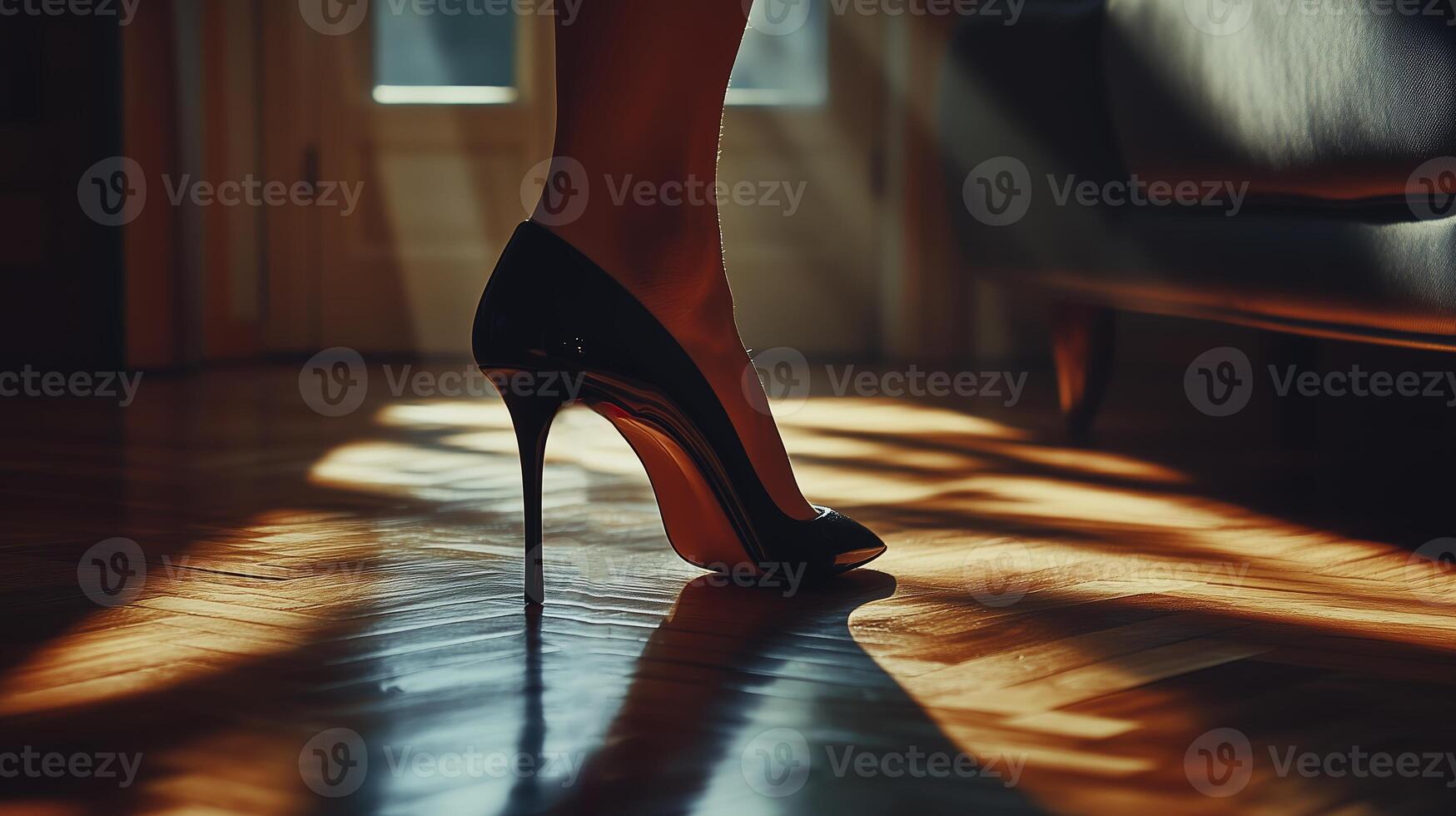 A striking black high-heeled shoe casts an elegant shadow on polished wood flooring during golden hour light photo