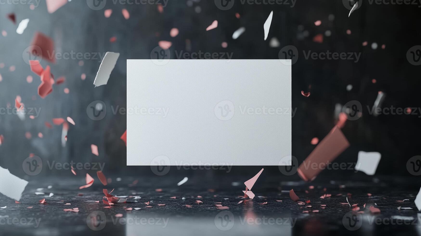 Colorful confetti falling around a blank card on a dark surface, creating a vibrant and festive atmosphere during a celebration photo