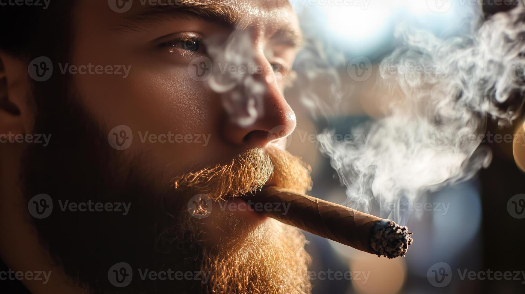 A man enjoys a cigar while relaxing in a cozy lounge during the evening hours with soft lighting photo