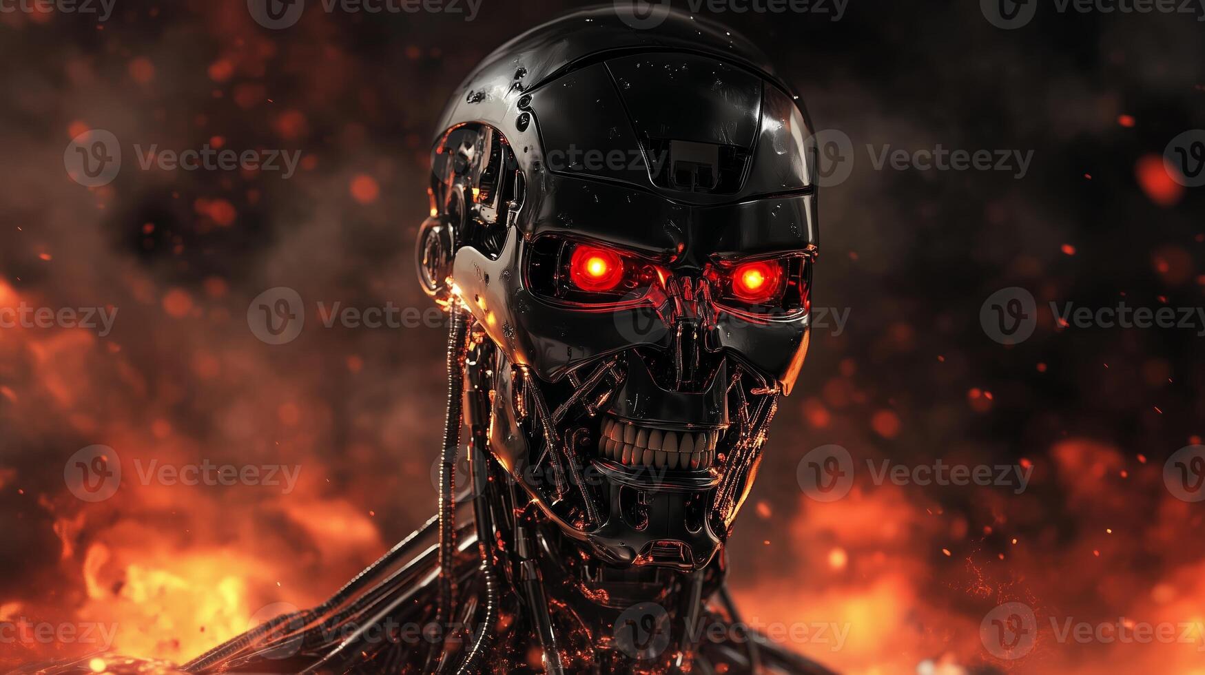 A futuristic robot with glowing red eyes emerges from flames in a dystopian landscape showcasing advanced technology and AI themes photo