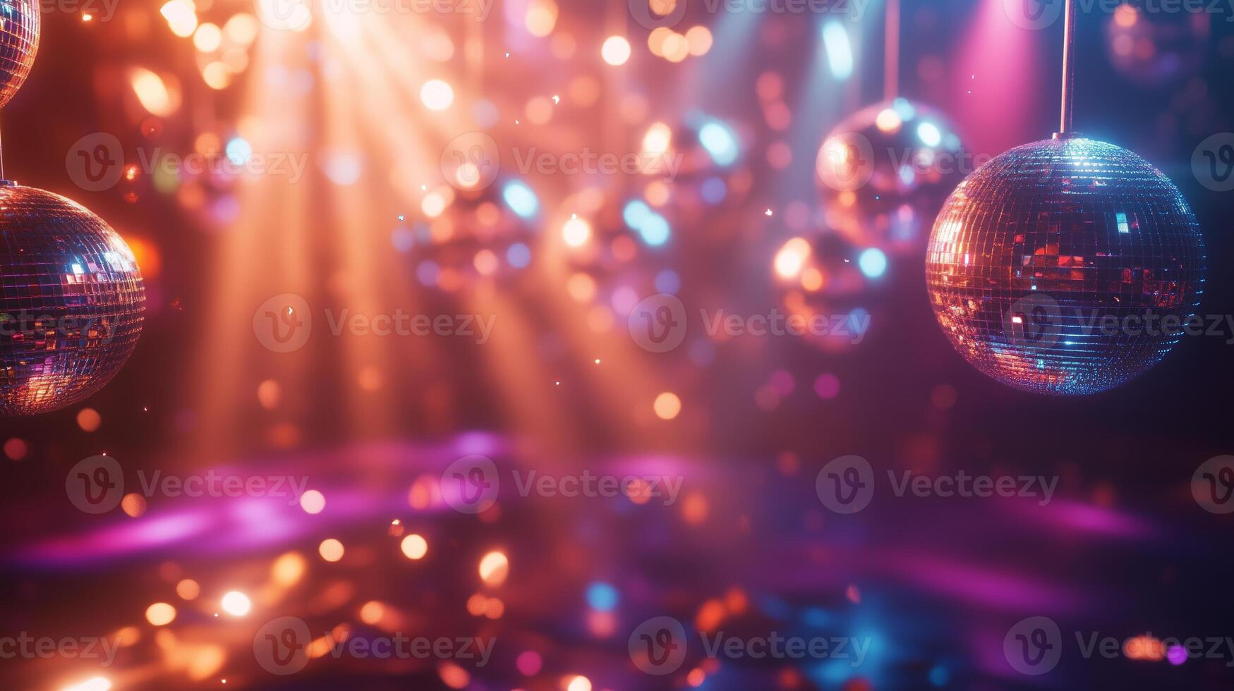 Vibrant disco lights and mirrored balls create an energetic atmosphere in a lively dance club setting at night photo
