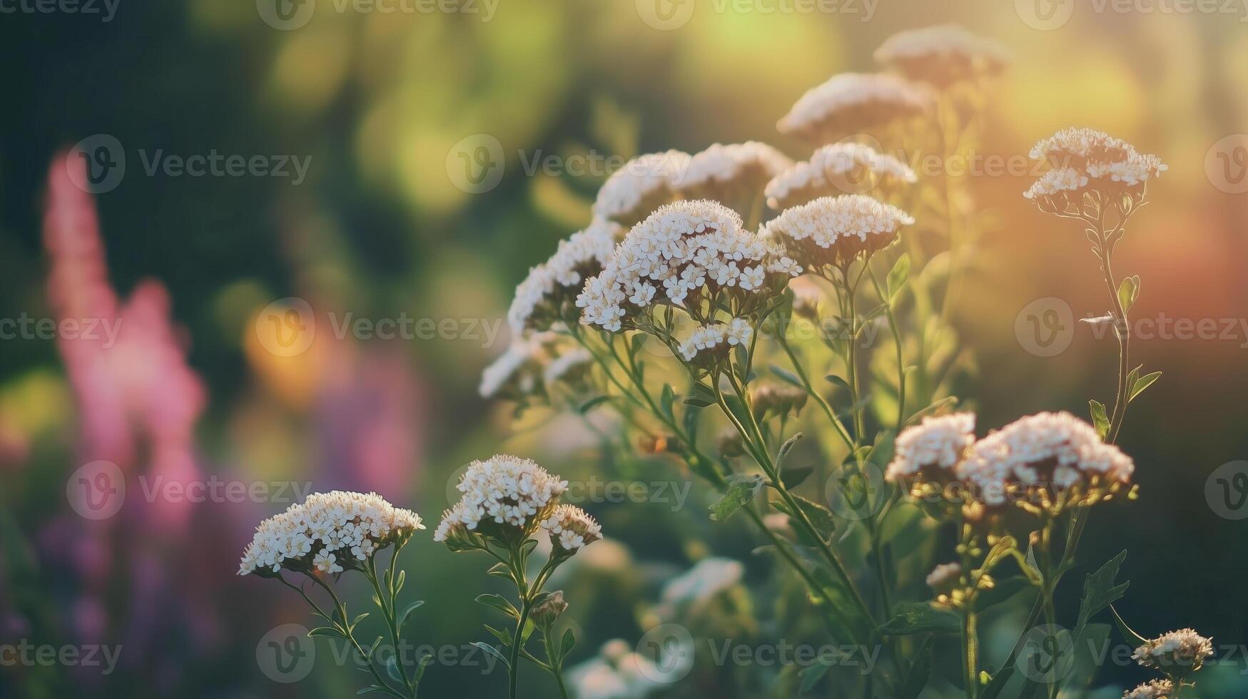 Delicate white flowers bloom in a sunlit garden at dusk, showcasing nature's beauty and tranquility photo