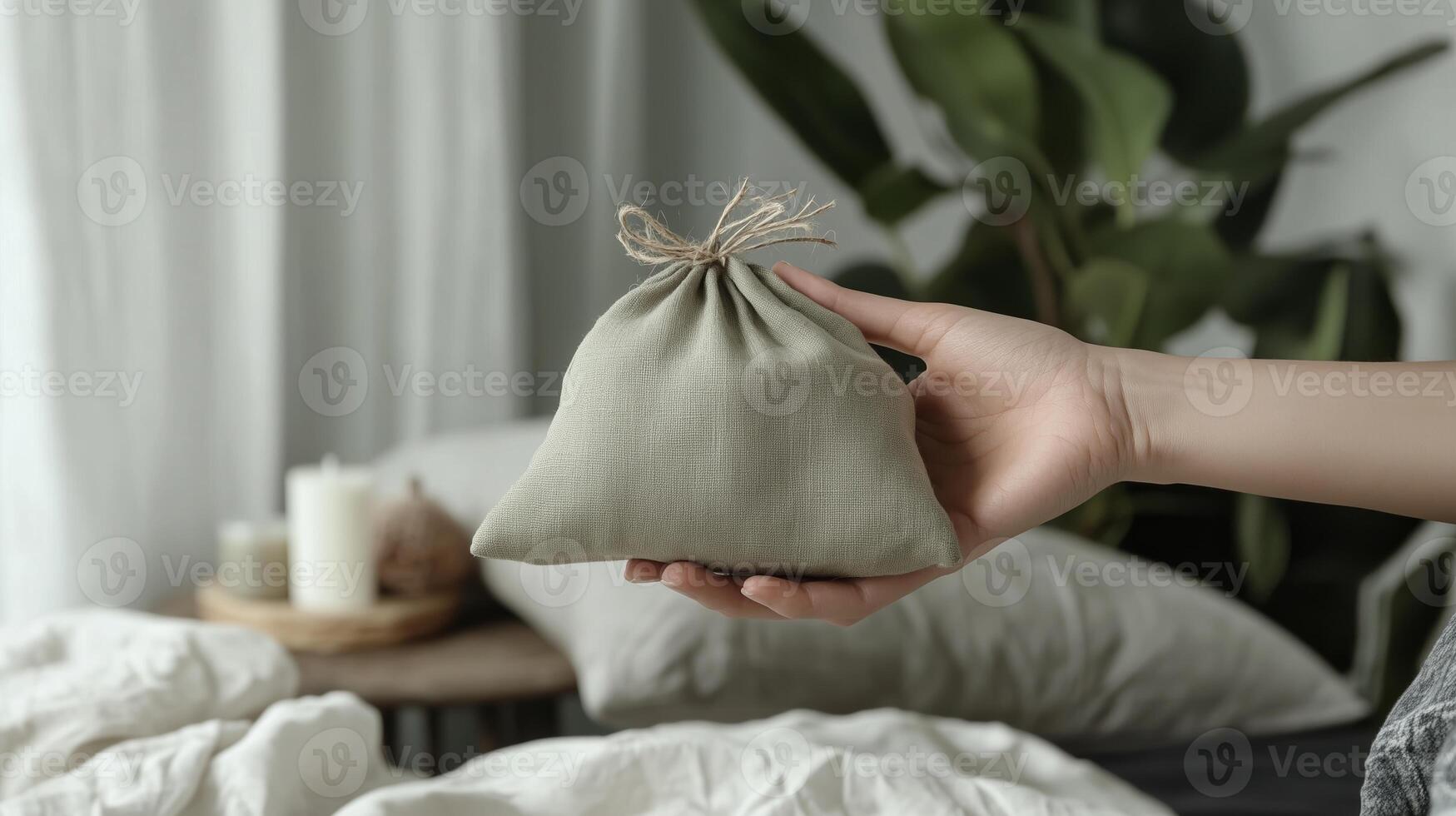 A hand holds a small fabric pouch in a cozy bedroom setting during daylight hours photo