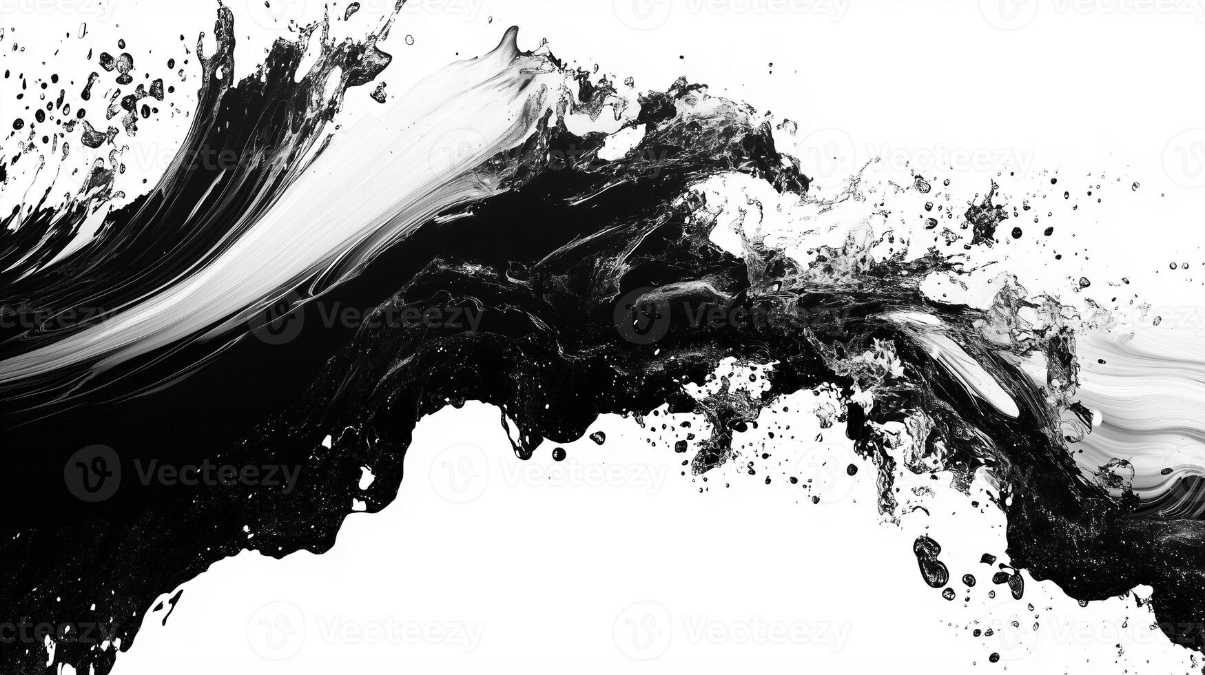 Dynamic black and white liquid splash creating fluid motion effects against a stark white background photo
