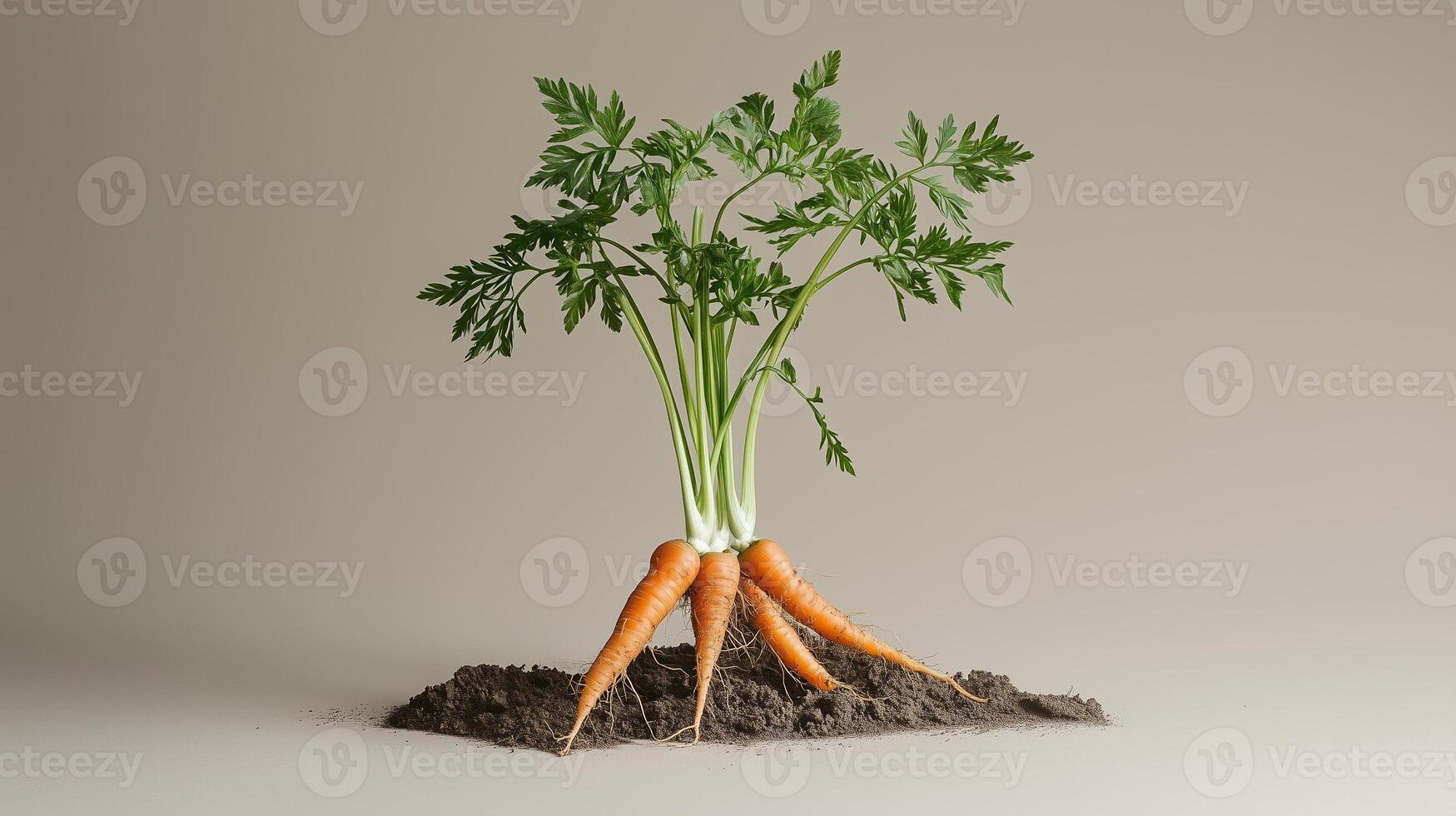 Freshly harvested carrots with green tops displayed on soil against a neutral backdrop in a minimalistic setting photo