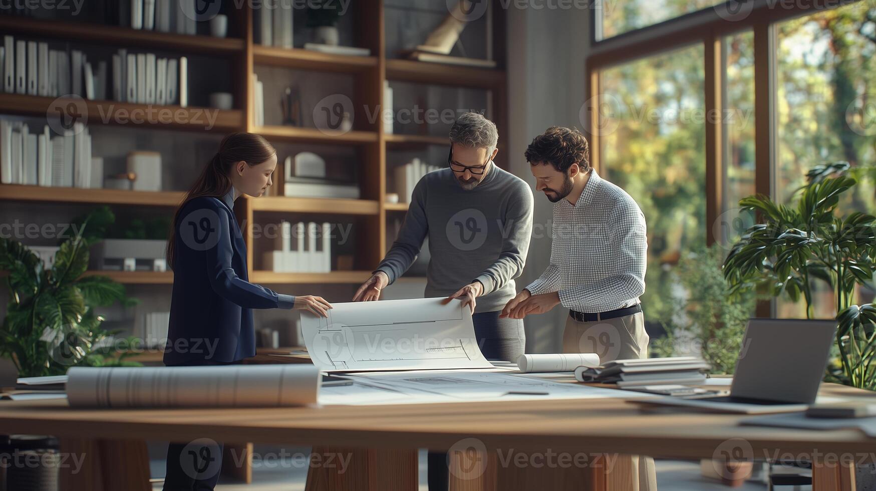 Three professionals collaborate on architectural plans in a modern office with large windows and greenery during daylight hours photo