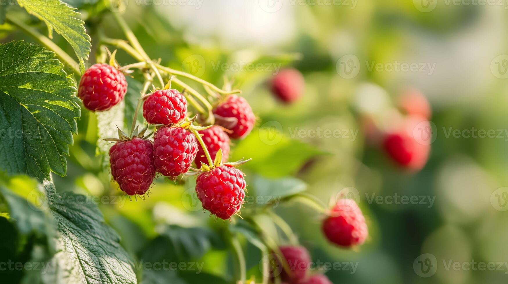 Freshly ripened raspberries hanging from lush green branches in a sunlit garden during late summer photo