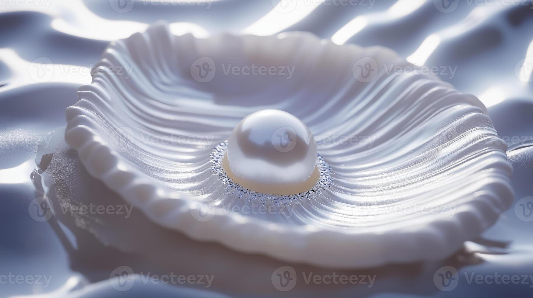 A shimmering pearl resting on a delicate shell in soft light on tranquil water photo