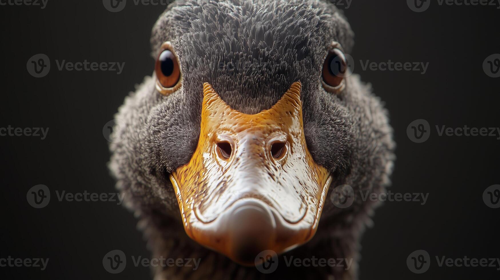 Detailed close-up of a curious waterfowl resting in natural light against a dark background photo