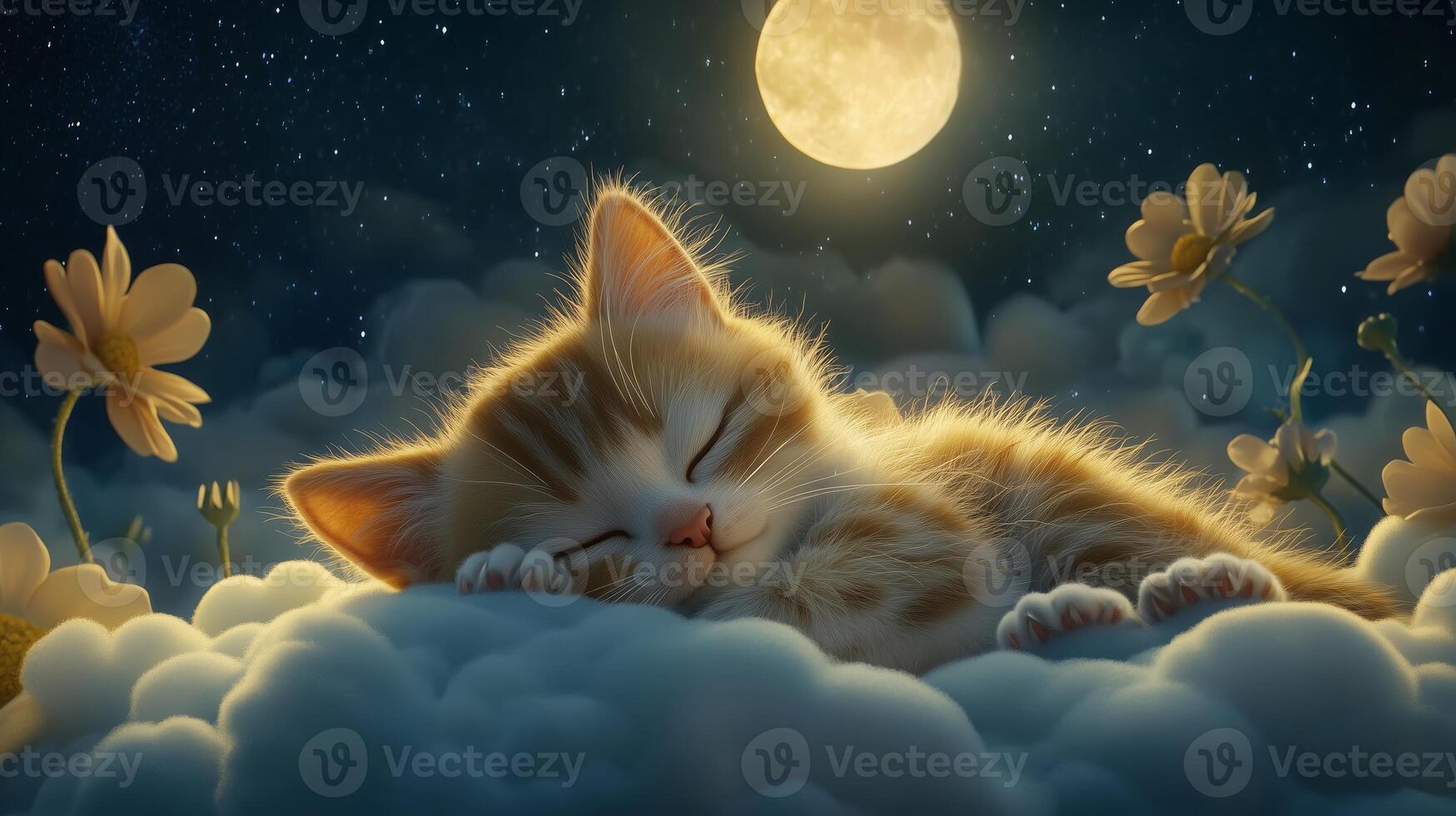 A sleeping kitten nestled in soft clouds under a bright moon, surrounded by flowers in a tranquil night sky photo