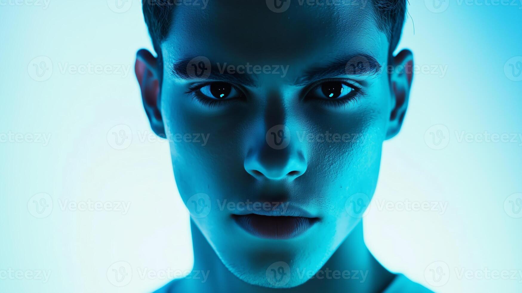A young man with striking features poses confidently under blue lighting in a creative studio setting photo