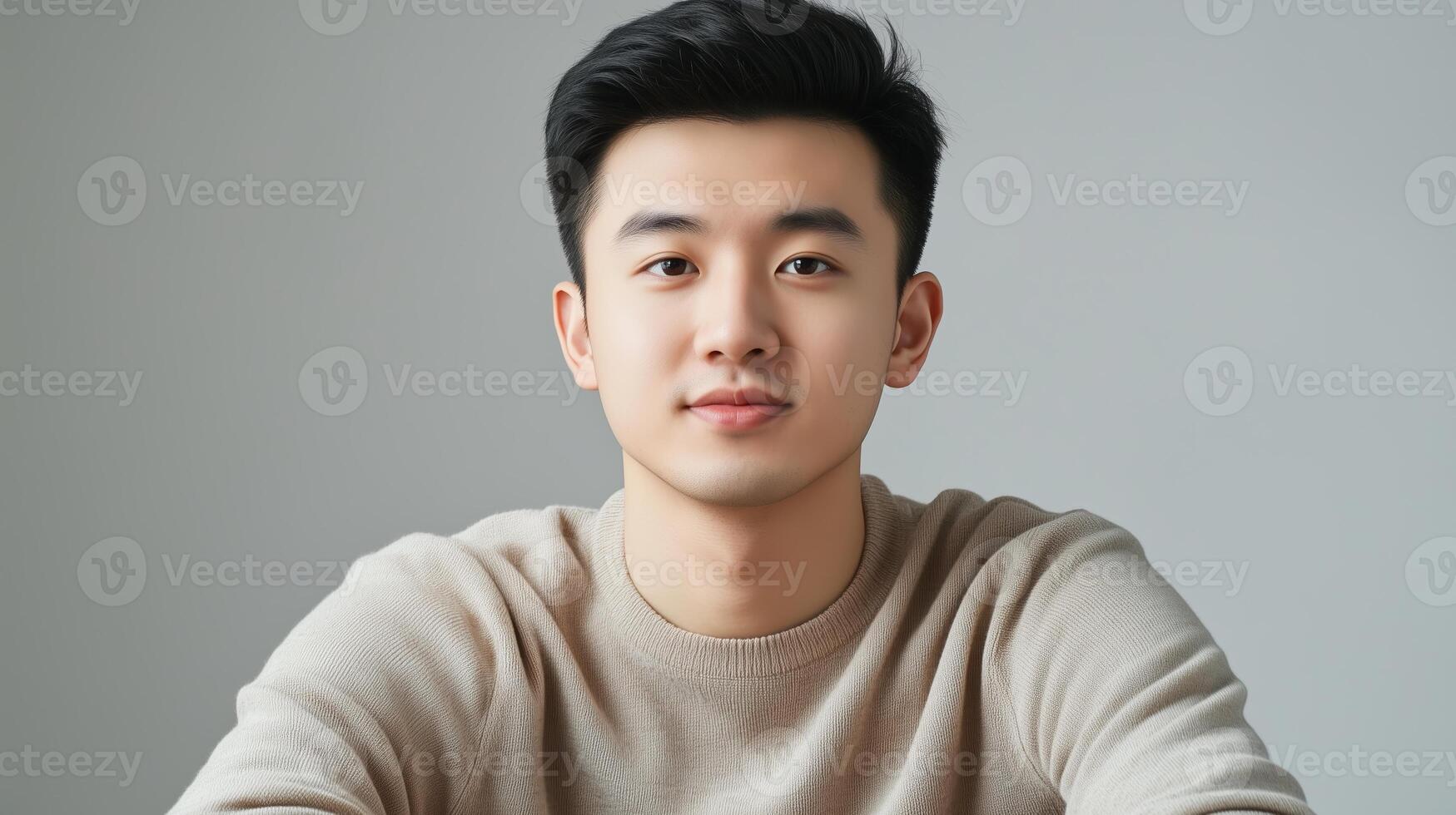 Young man in a neutral sweater sitting casually indoors against a plain background with a calm expression during a day in the city photo
