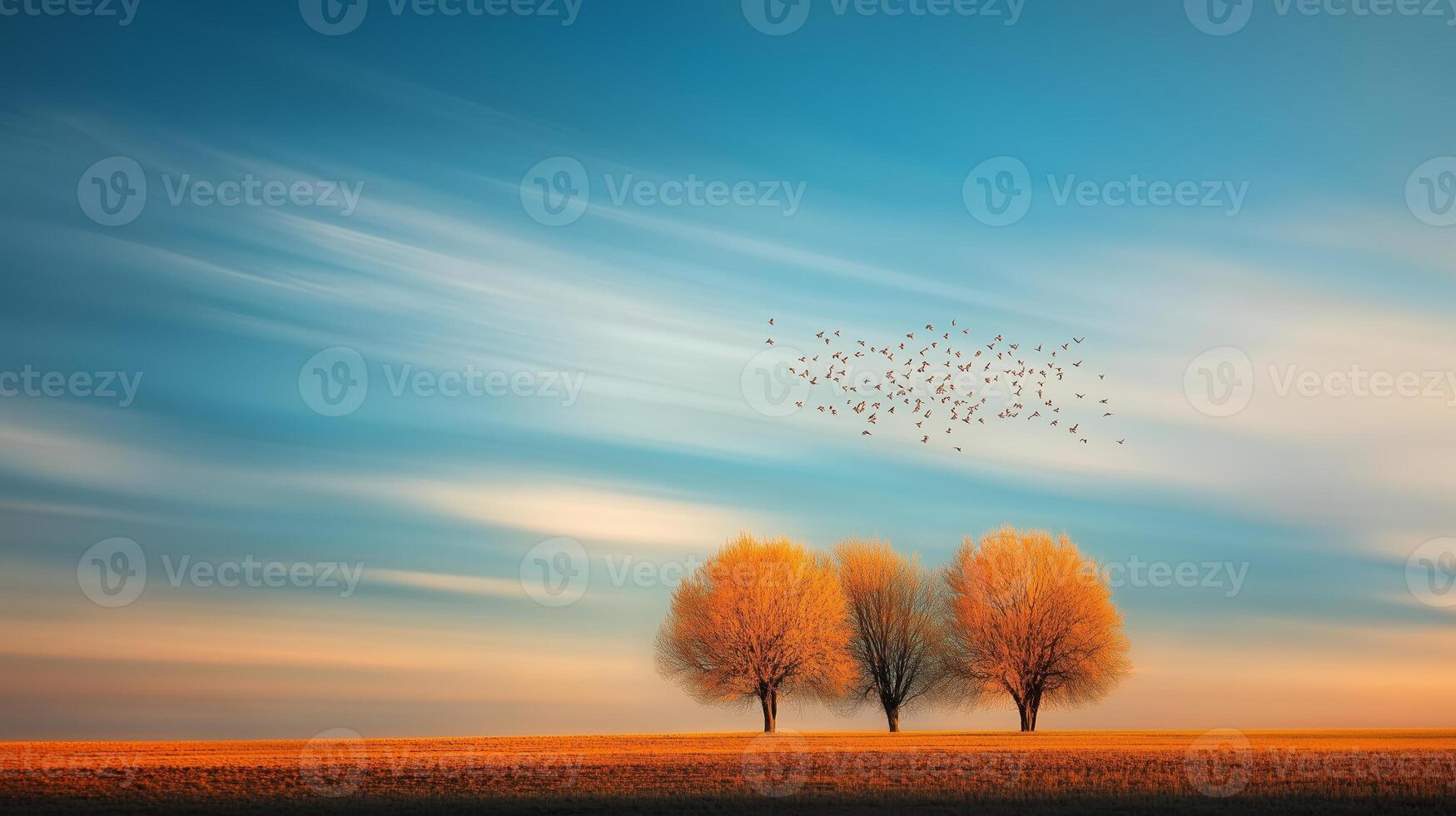 A tranquil autumn landscape with three golden trees and a flock of birds against a vibrant blue sky at dusk photo