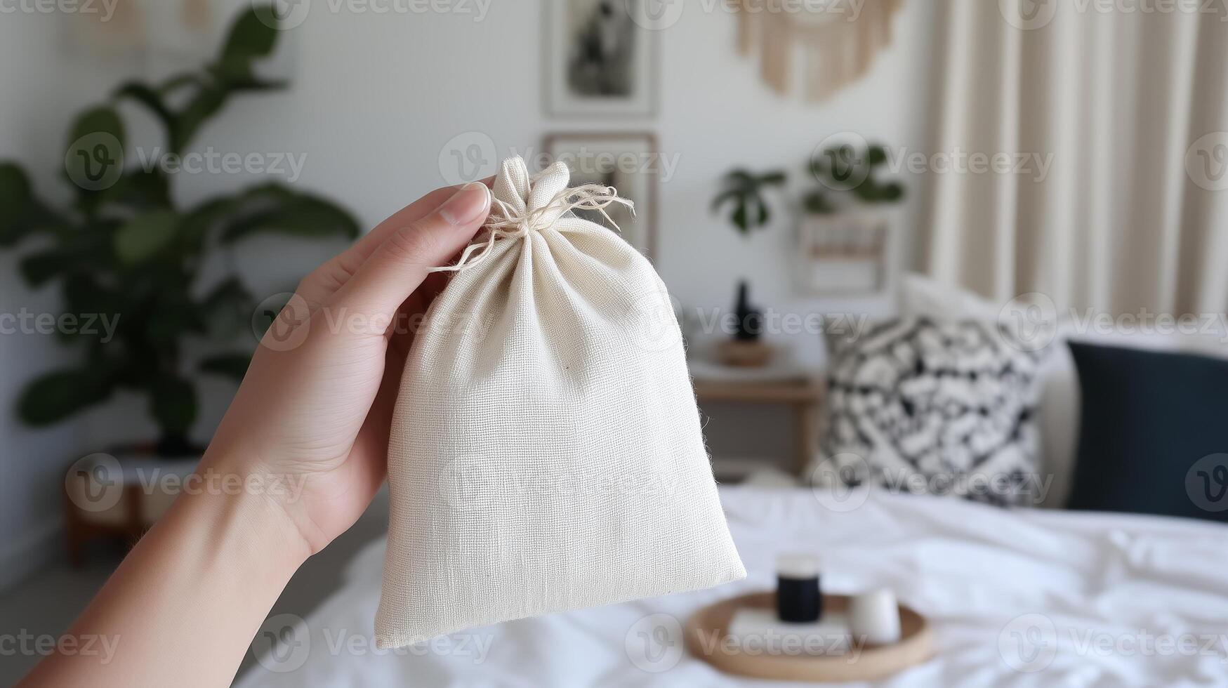 Hand holding a small white fabric pouch in a cozy bedroom setting with plants and decorated walls photo