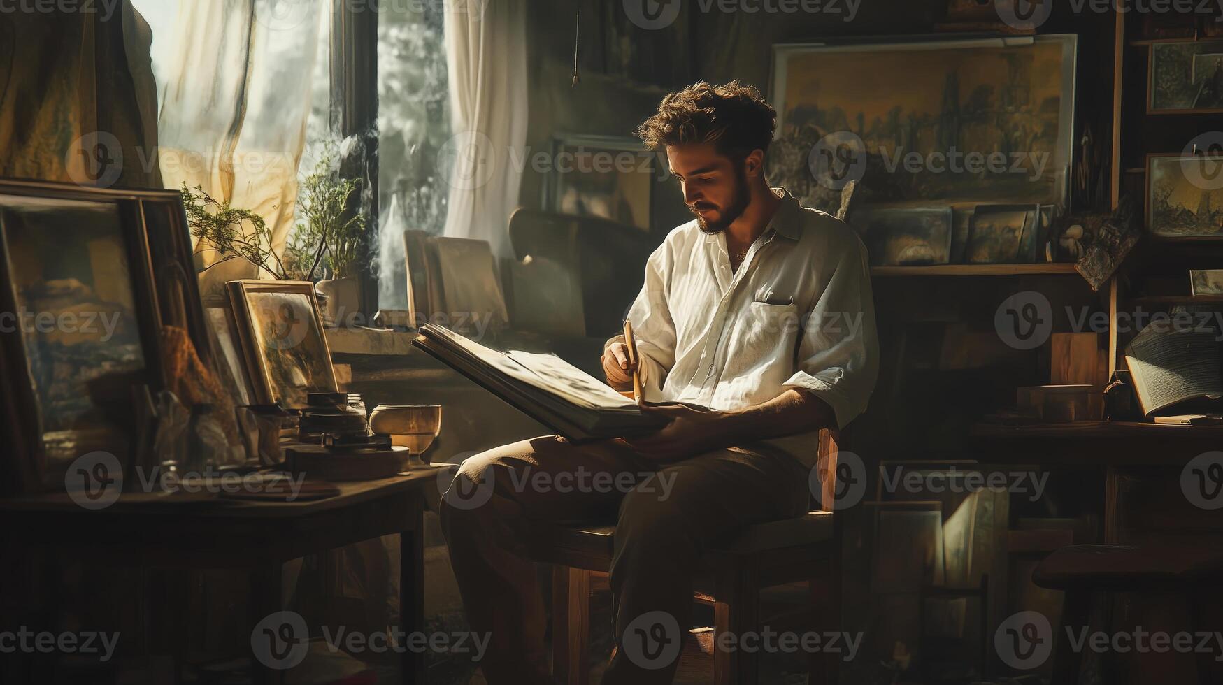 An artist sketches in a sunlit studio surrounded by various artworks and cozy decor, capturing creativity in a tranquil moment photo