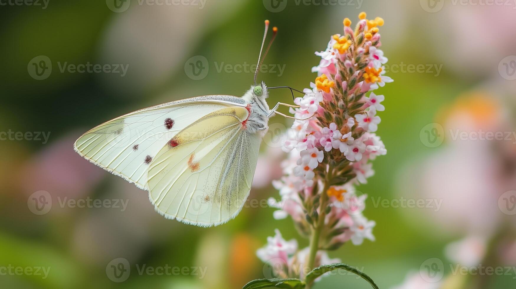 Butterfly feeding on pink flowers in a lush garden during a sunny day in early spring photo