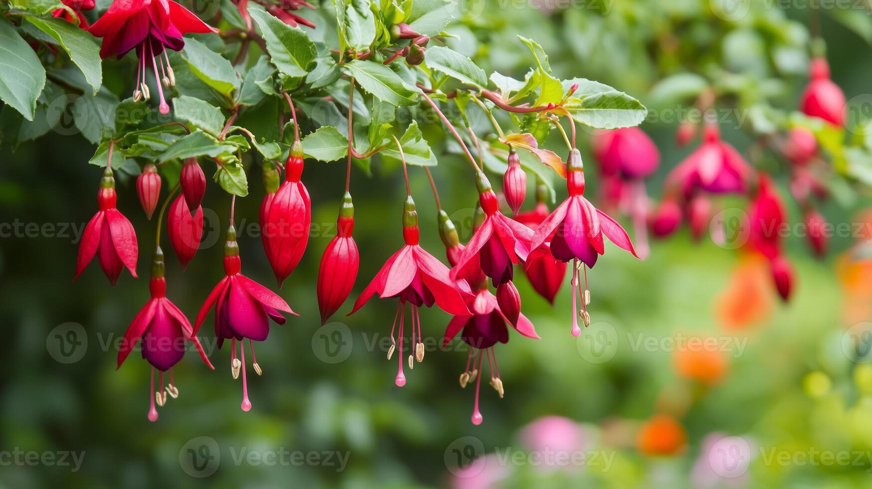 Beautiful fuchsia flowers blooming on a sunny day in a vibrant garden showcasing lush greenery and colorful floral arrangements photo