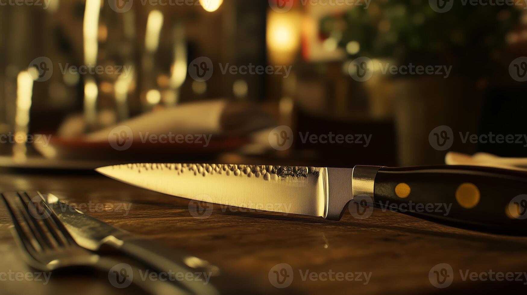 A close-up view of a sharp kitchen knife resting on a rustic wooden table in a warmly lit restaurant setting photo