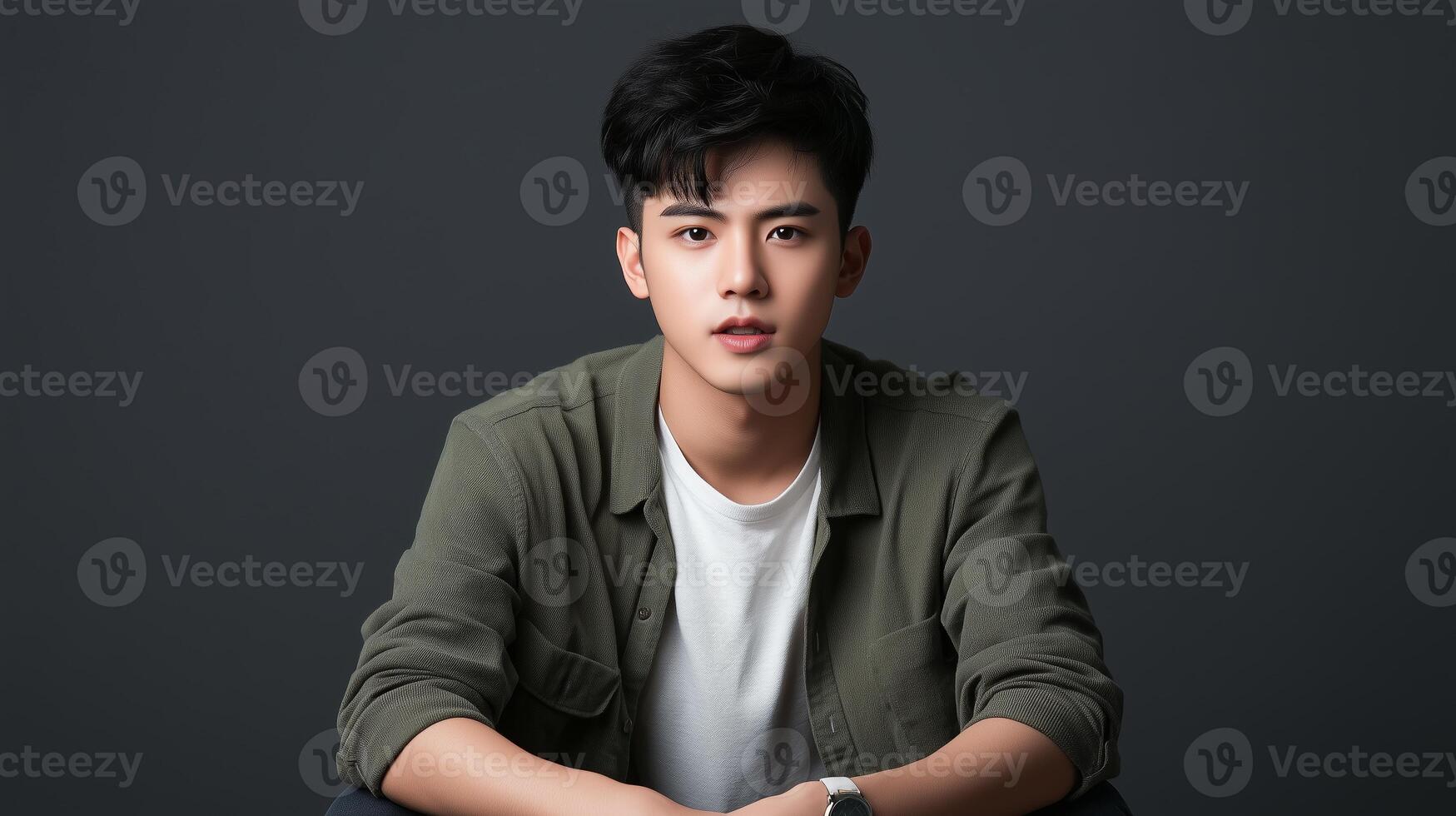 A young man with dark hair sitting against a gray background wearing a green jacket and a white shirt in a casual pose photo