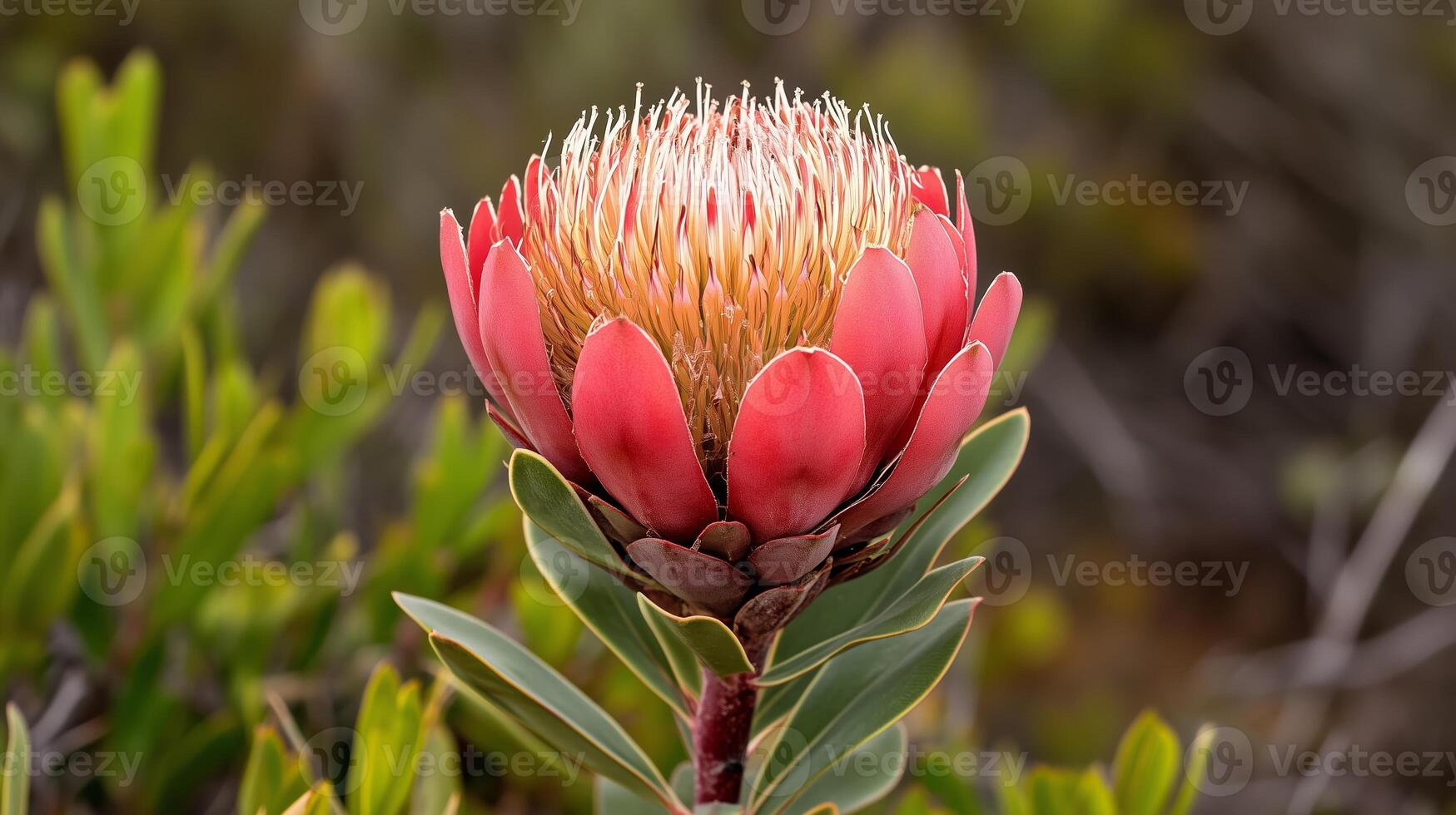Beautiful pink protea flower blooming amidst green foliage in a natural landscape during a sunny afternoon photo