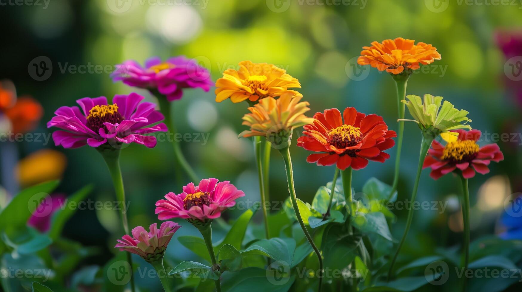 Vibrant zinnias blooming in a sunny garden during the afternoon, showcasing a variety of colors and lush green foliage photo