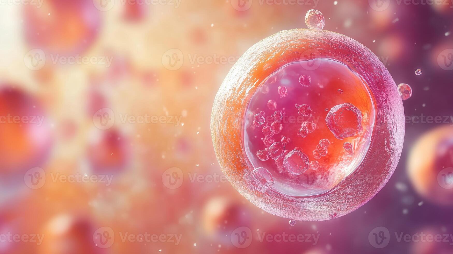 Microscopic view of vibrant cells with intricate structures in a dynamic, colorful environment photo