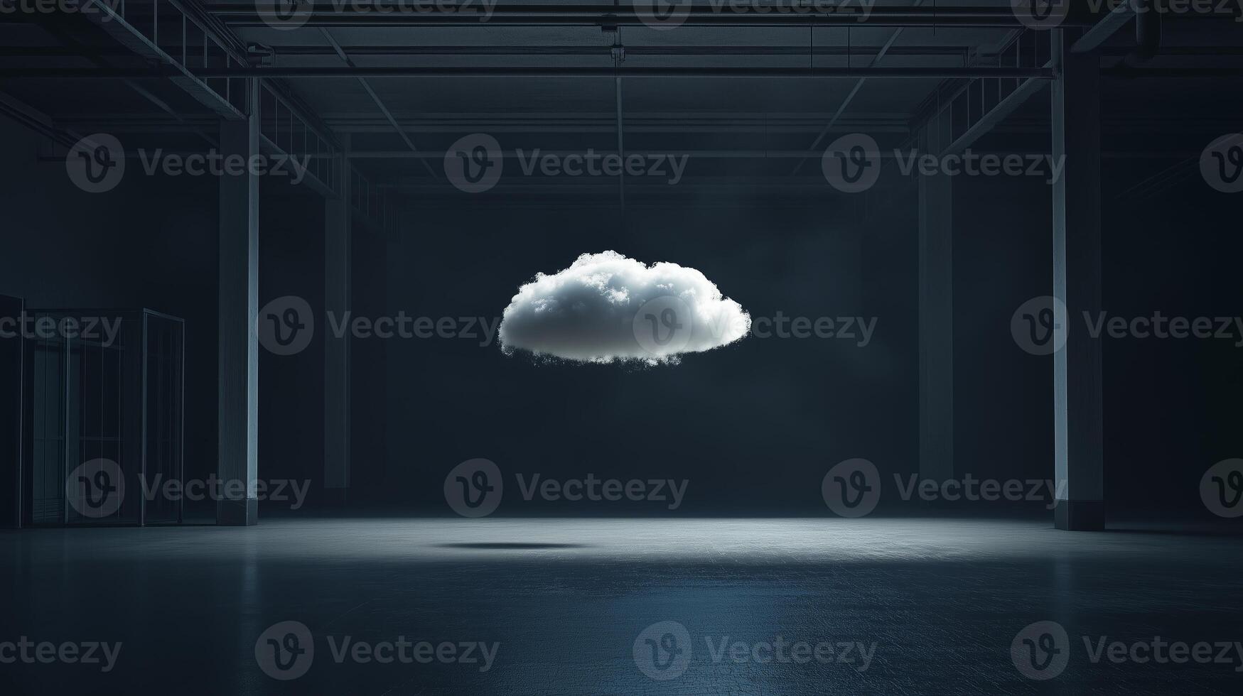A floating cloud in an empty warehouse illuminated by soft lighting during twilight hours photo