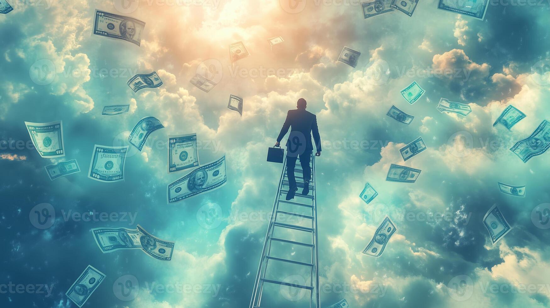 A businessman climbs a ladder toward the clouds surrounded by floating money in a surreal scene representing success and ambition photo