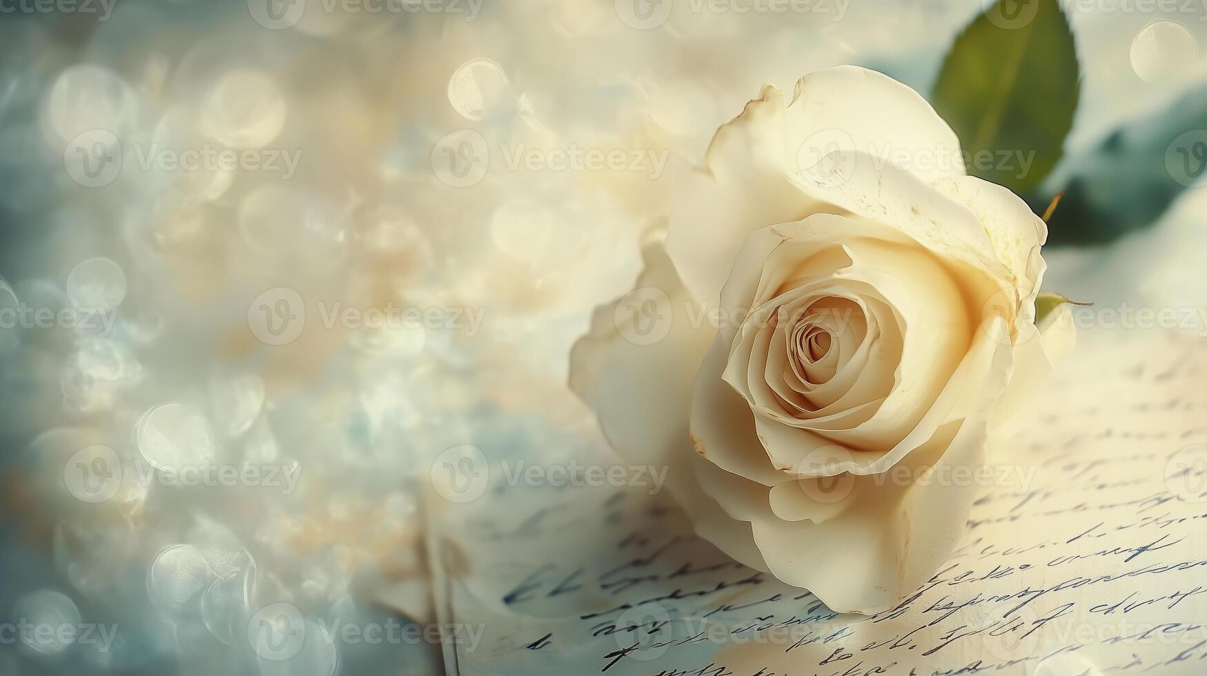 A delicate white rose with green leaves resting on handwritten letters with a soft, blurred background photo