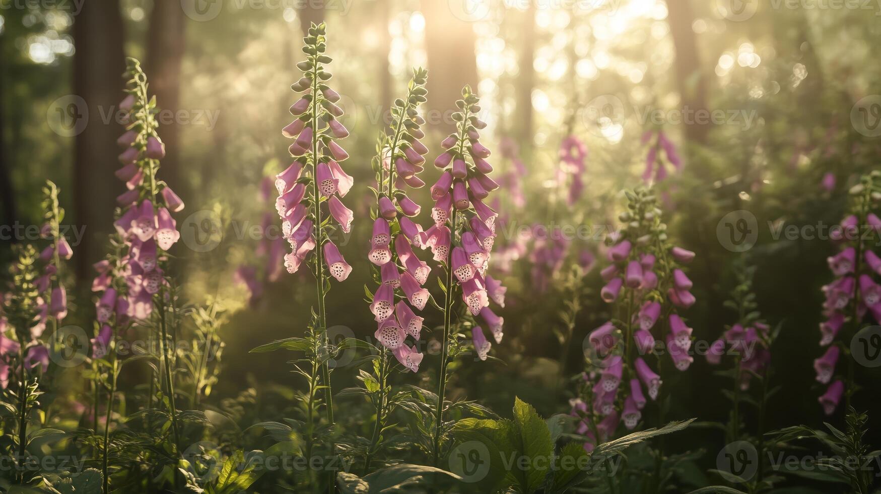 Vibrant pink foxglove flowers bloom in a sunlit forest during golden hour, creating a serene natural landscape in early summer photo