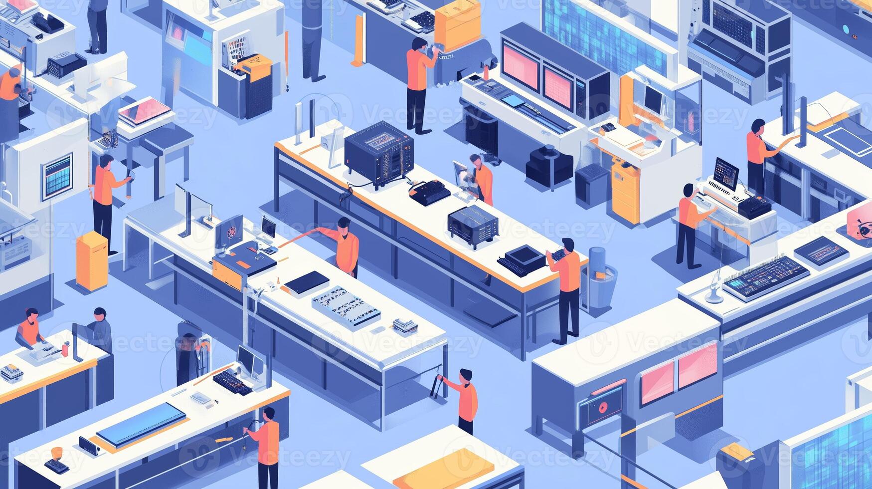 A busy technology assembly line with workers assembling electronic devices in a modern industrial facility during daylight hours photo