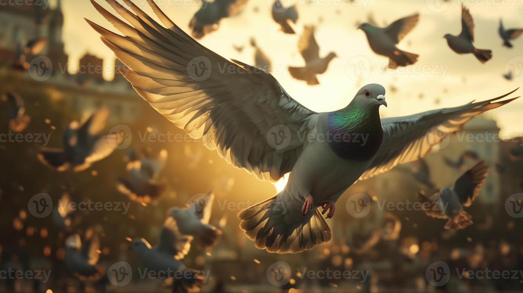 Pigeons take flight at sunset in a bustling urban park during early evening hours photo