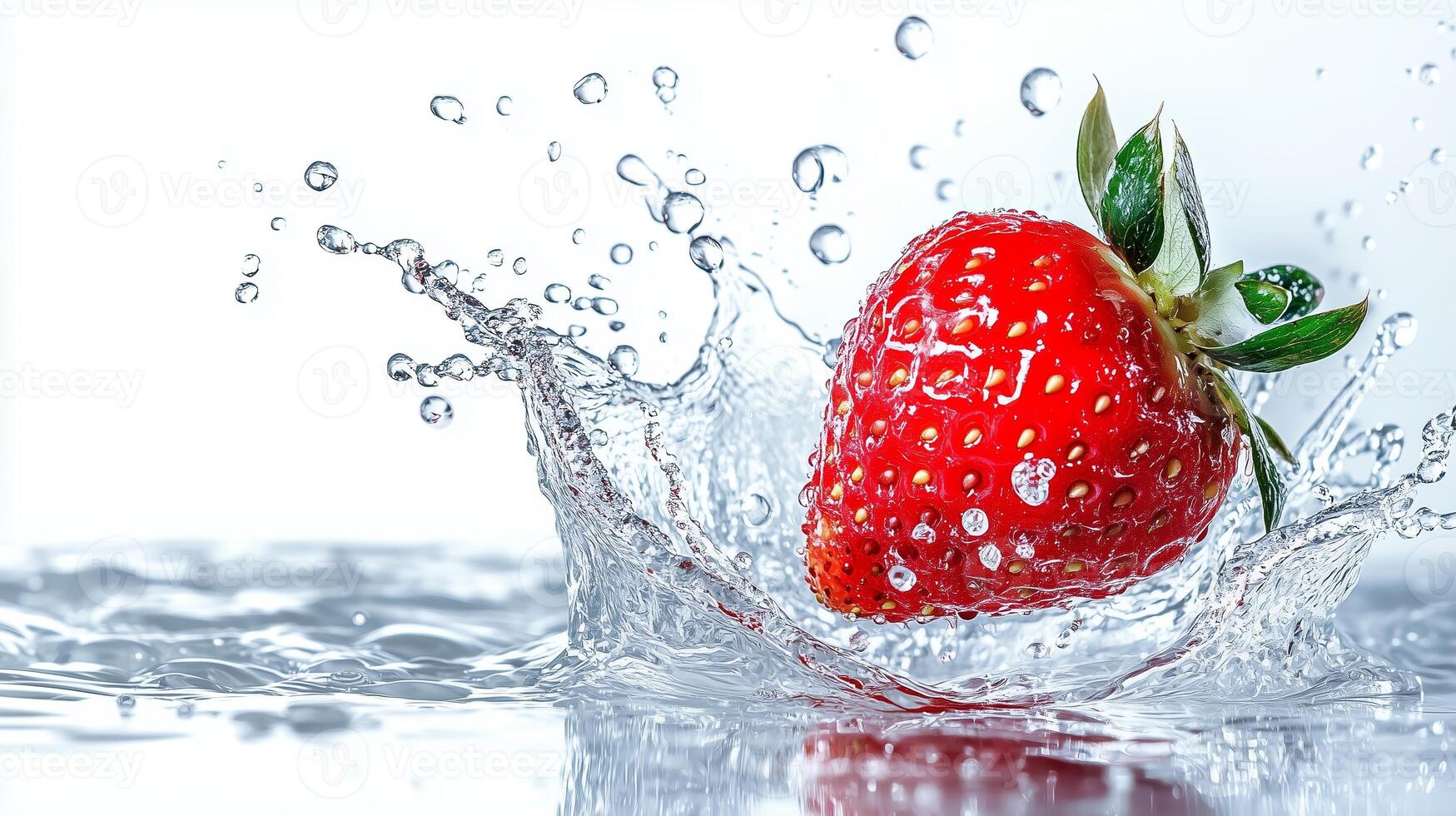 A fresh strawberry splashes into clear water creating vibrant droplets in a bright and clean environment photo