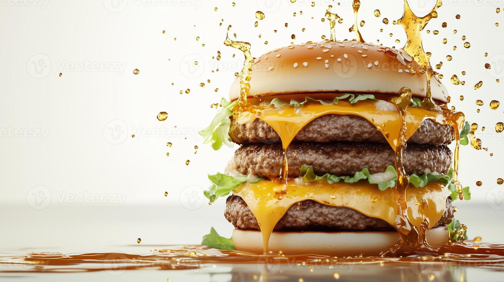A towering cheeseburger with cascading cheese and lettuce surrounded by splashes of golden syrup photo