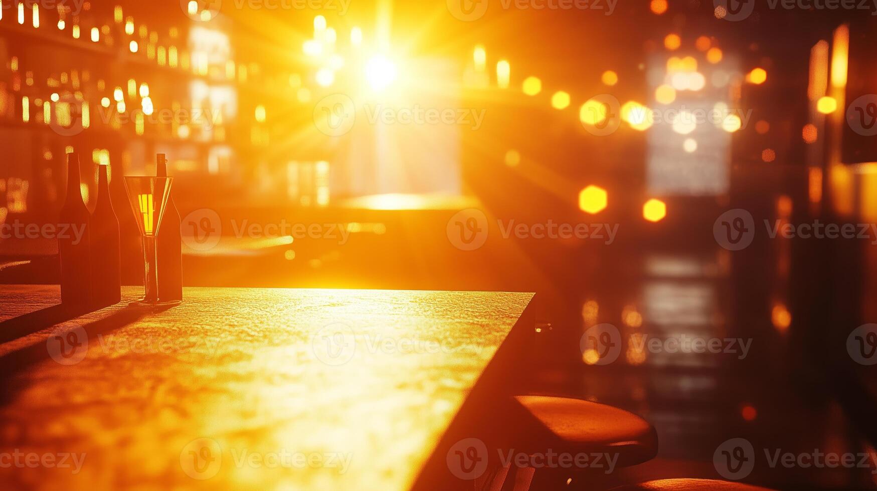 Warm evening glow in a cozy bar with illuminated bottles and soft lighting creating a welcoming atmosphere photo