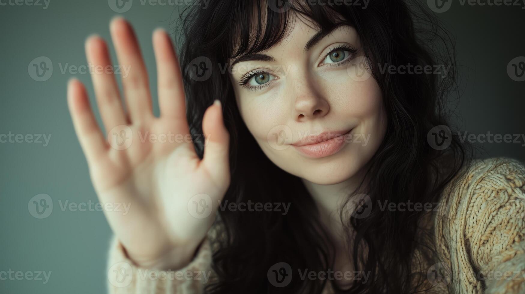 A smiling woman waves hello in a cozy indoor setting, showcasing natural light and a warm atmosphere in the early afternoon photo