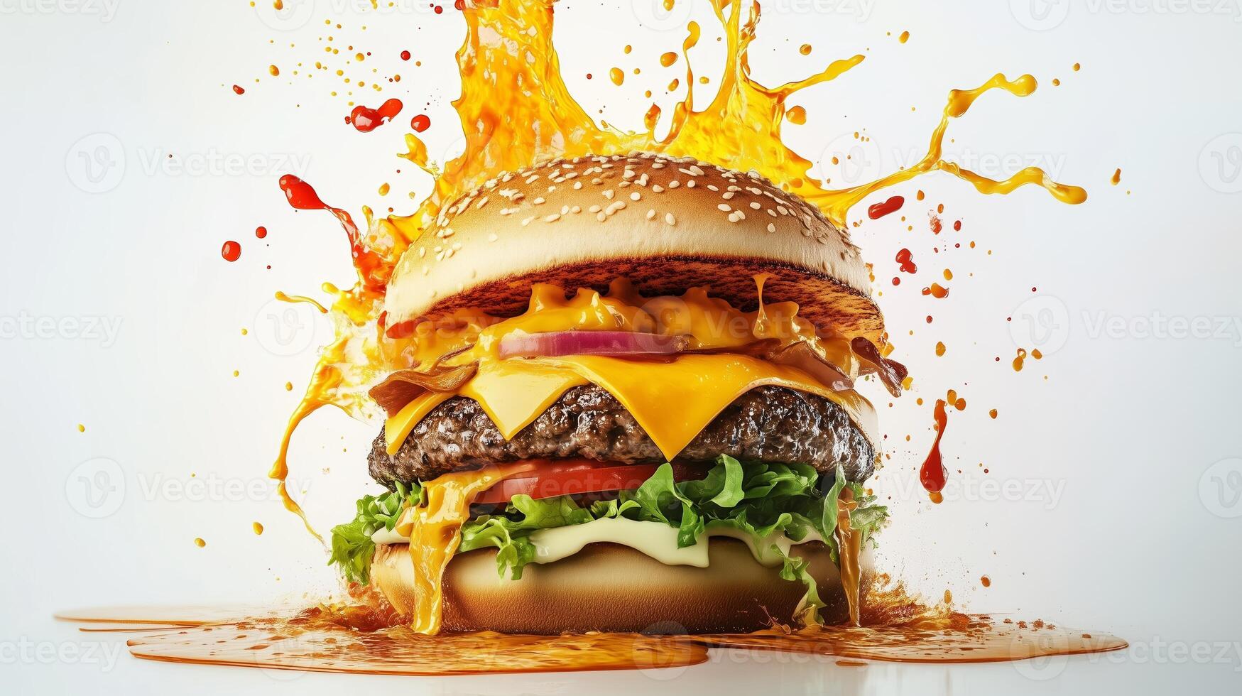 Juicy cheeseburger splattered with sauce and toppings against a white background photo