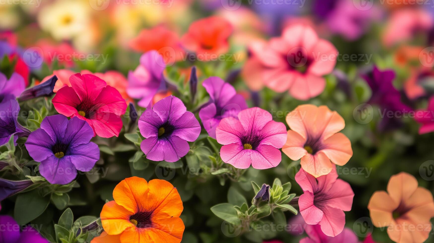 Colorful petunia flowers blooming in vibrant hues during springtime at a local garden photo