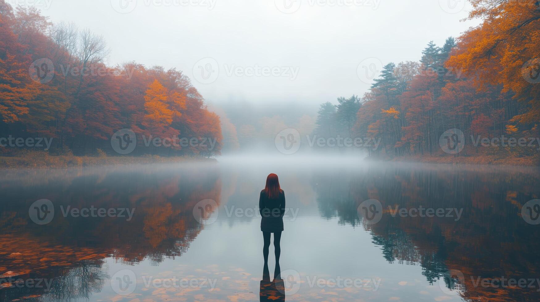 A solitary figure stands in calm water surrounded by colorful autumn foliage at dawn in a misty forest setting photo