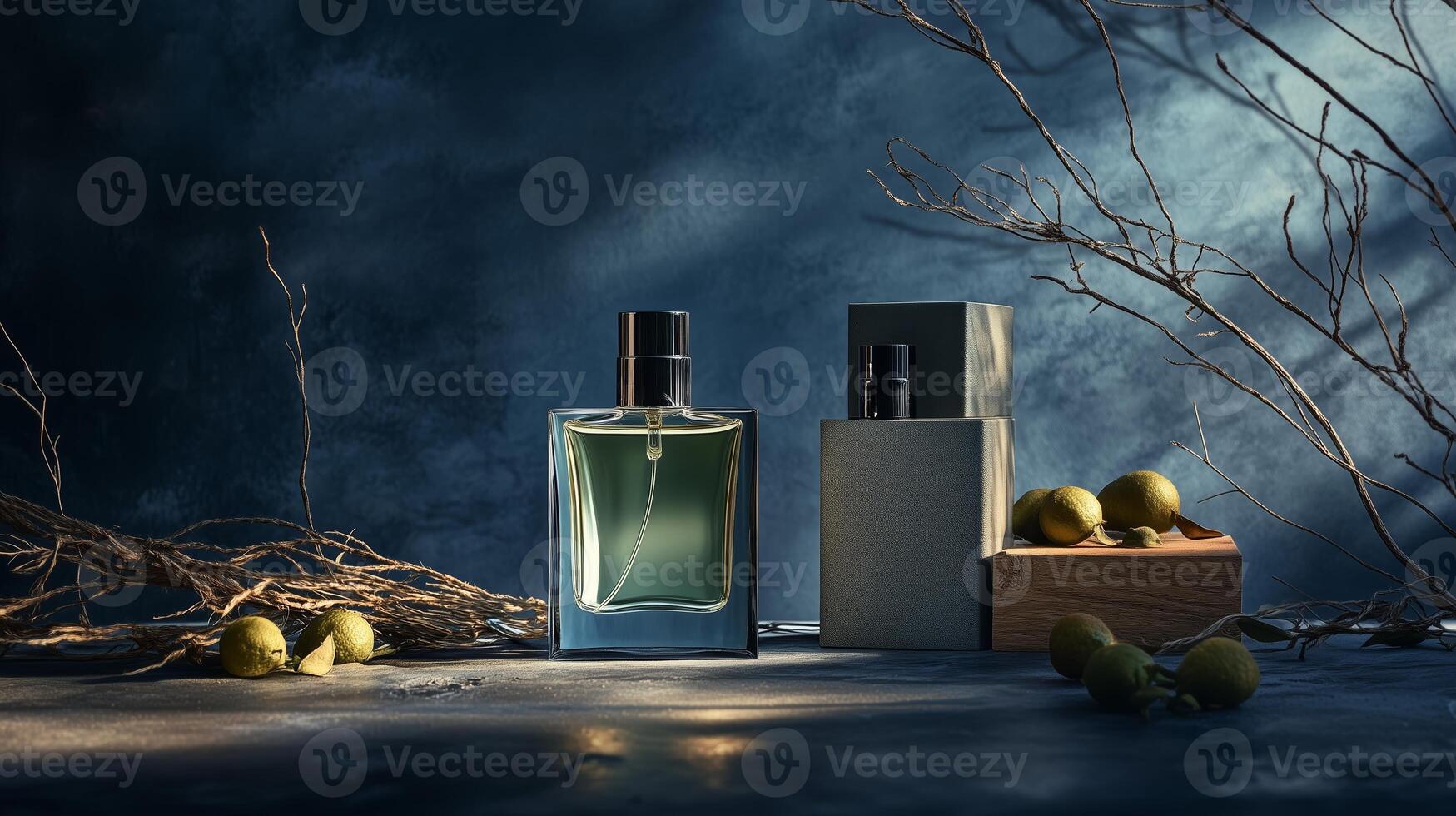 Elegant glass perfume bottles artfully arranged on a wooden surface with branches and olives, illuminated by soft natural light photo