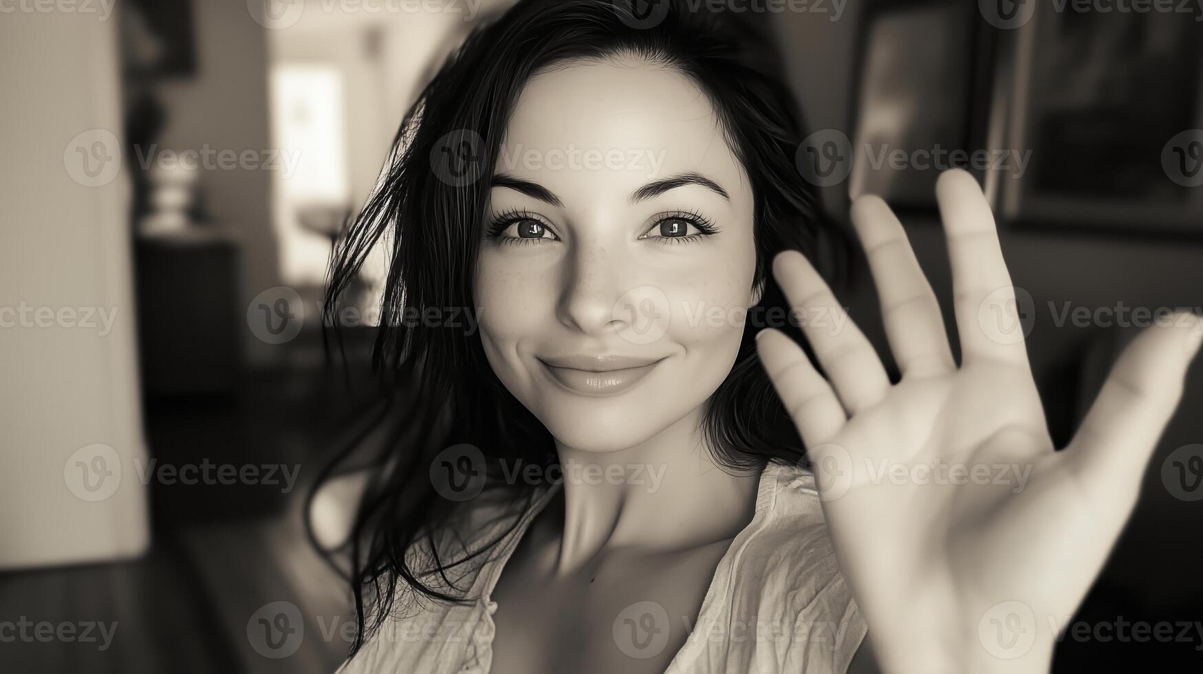 A woman smiles and waves cheerfully in a warm, inviting indoor setting during daylight hours, showcasing a friendly demeanor photo