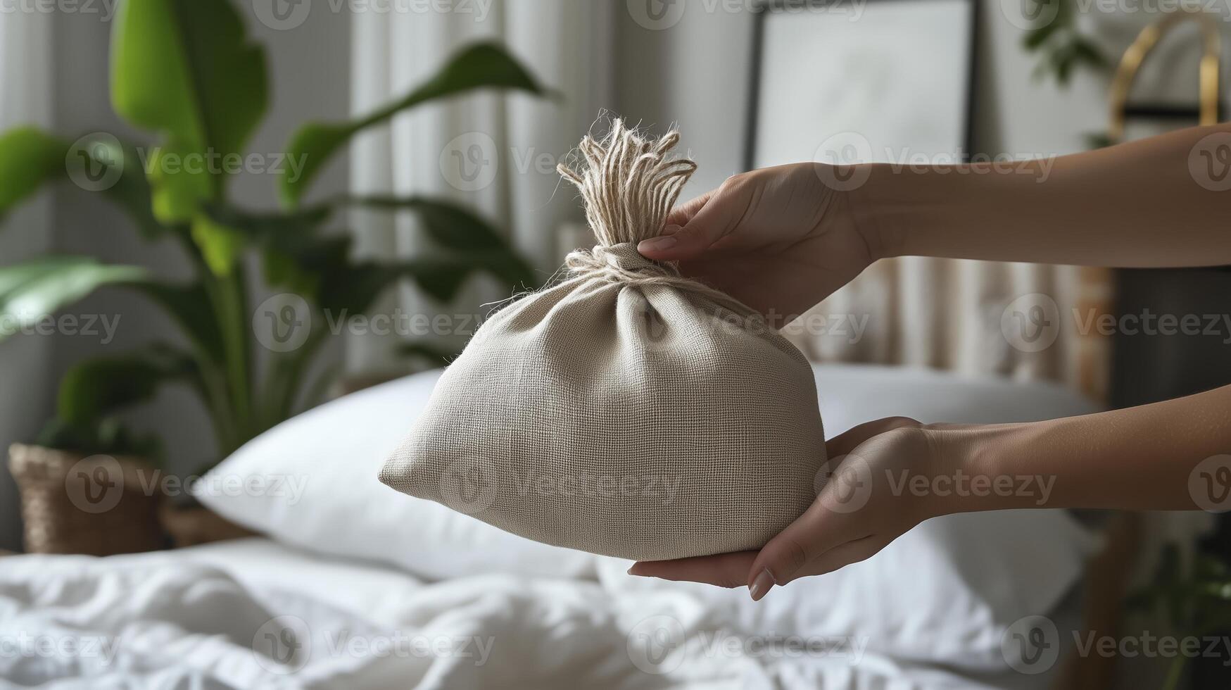 A person gently holding a linen bag while sitting on a bed surrounded by plants in a softly lit bedroom during the daytime photo